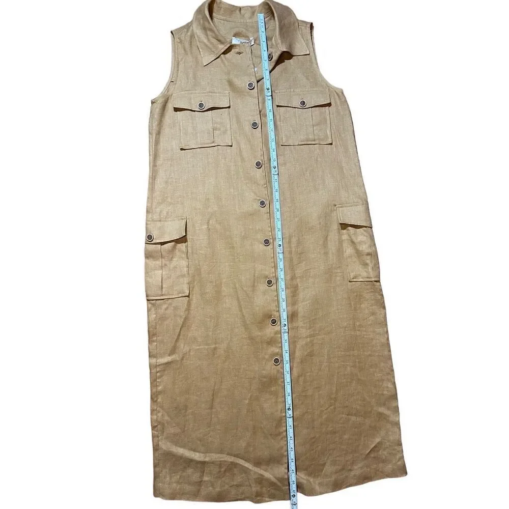 NEW adL womens linen button down midi dress cottage safari natural sz M in camel